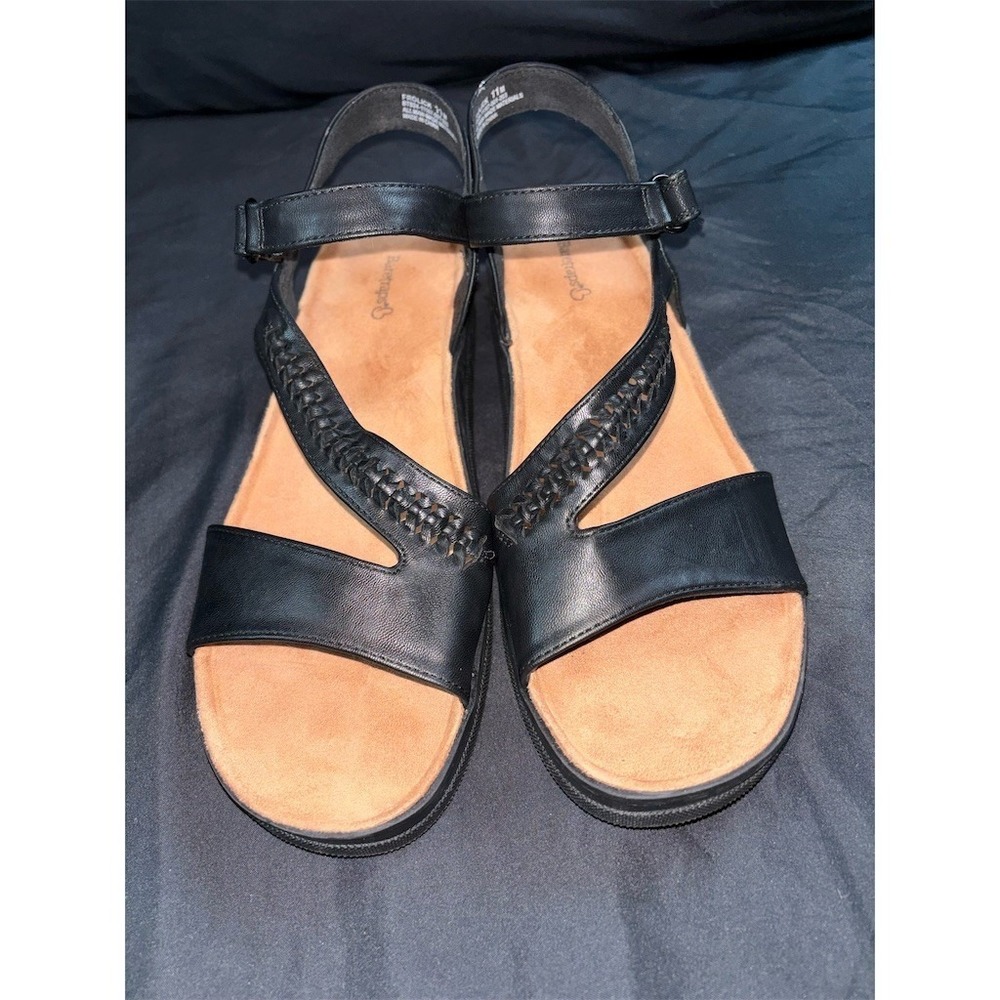 BareTraps Wedge Sandals size 11 Womens Black Ankle Strap Braided Comfort Footbed